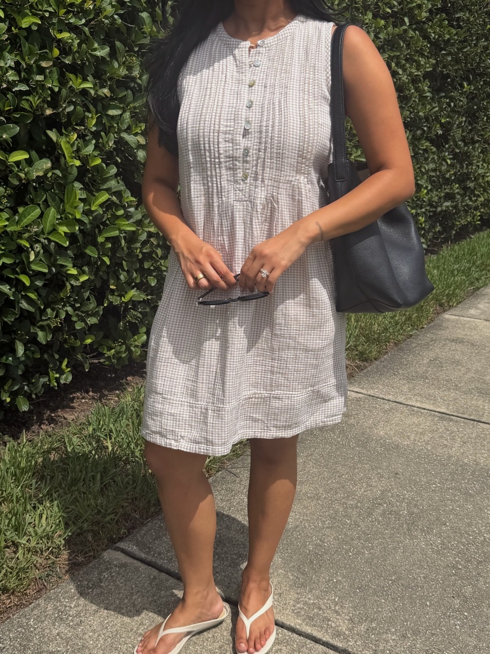 Quince Neutral Beige Gingham Sleeveless Button mini Dress